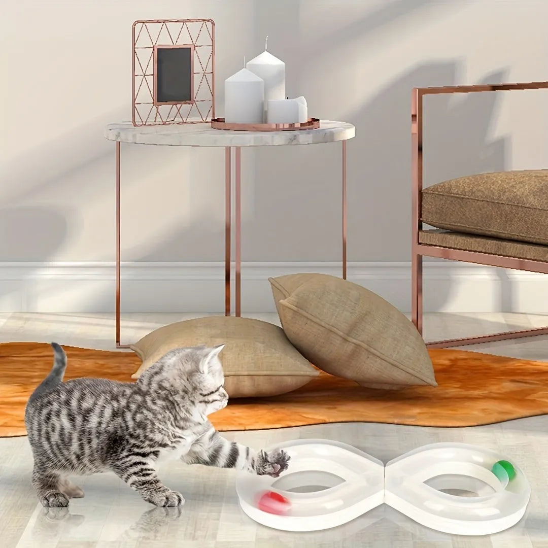 Blue and white cat turntable track ball toy with teasing stick attachment measuring 50cm
