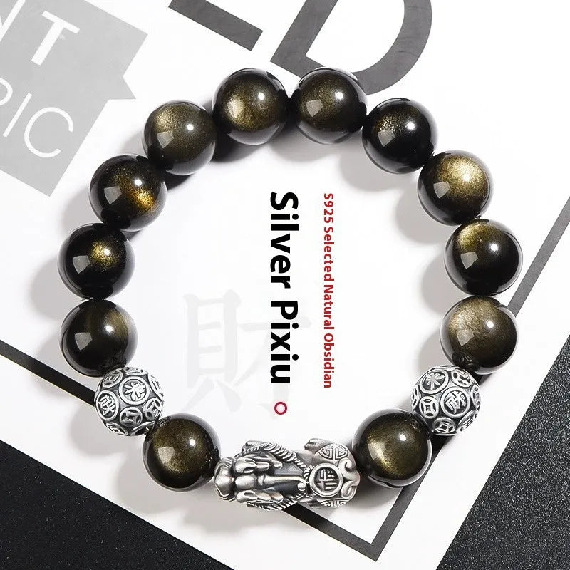 Men's geometric obsidian bracelet with 999 sterling silver leather accents in silver brave troops design