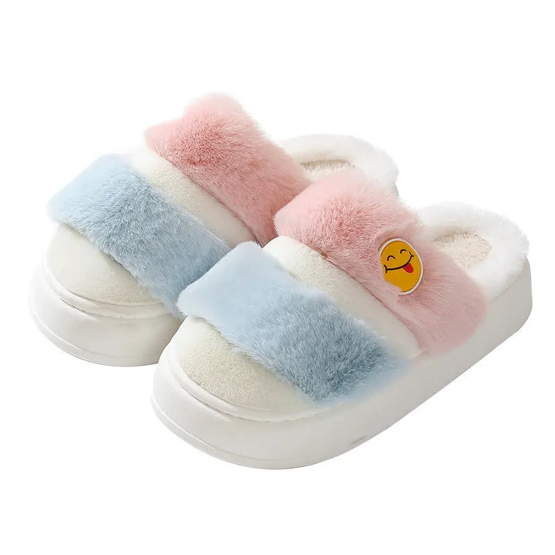 Thermal cotton slippers in pink and green colour matching with plush uppers and a non-slip sole