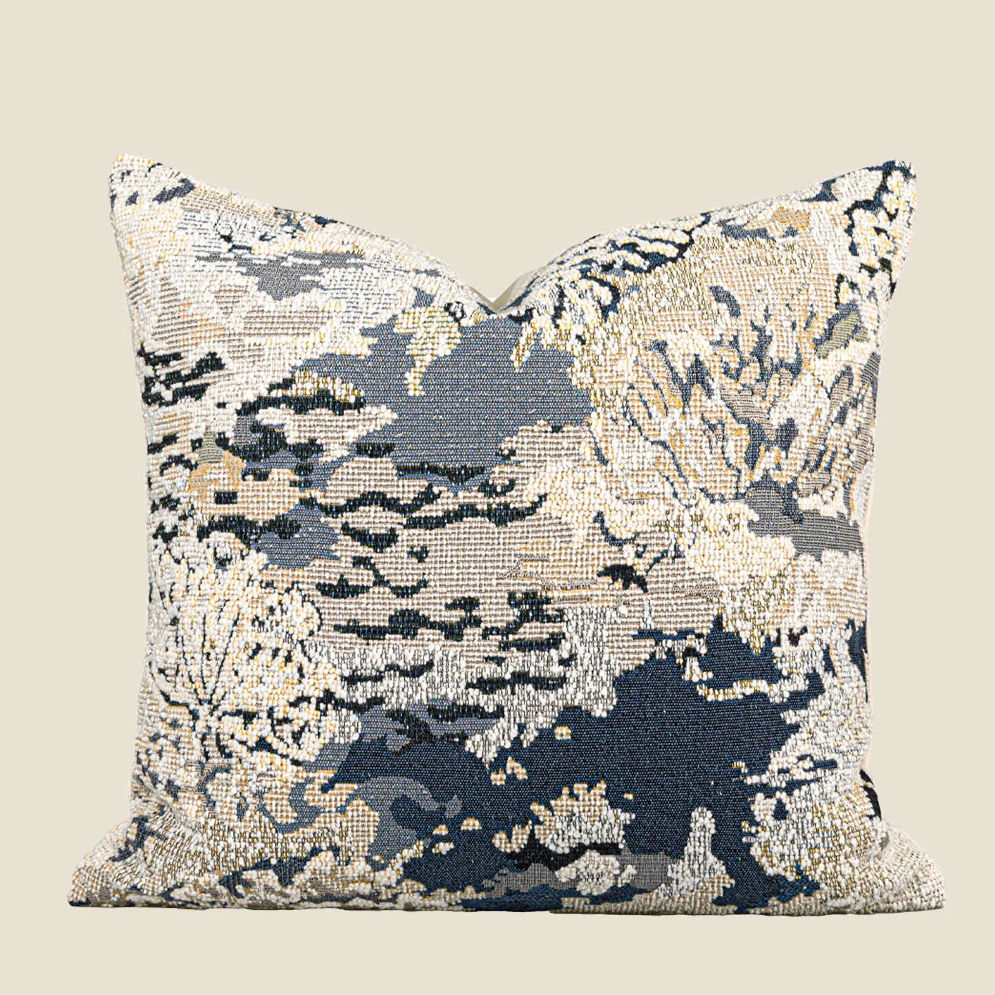 Antique blue floral patterned cushion cover in wool blend fabric, shown in square and rectangular sizes.