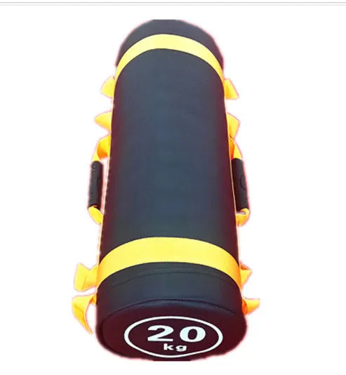 Flat white PVC fitness training sandbag shown in a gym setting for strength and conditioning workouts.