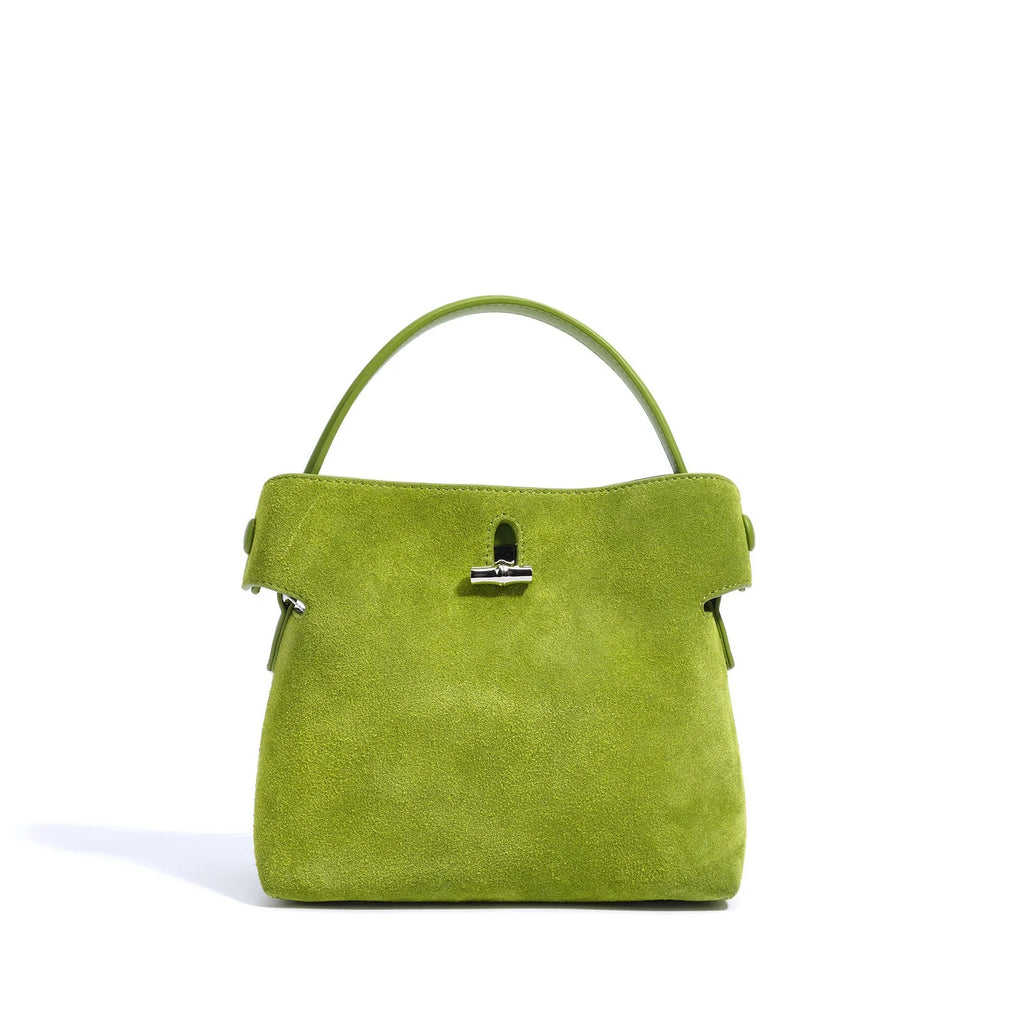 Women's mini Korean-style simple messenger bag in two-layer matte cowhide, bucket shape with lock opening, internal compartments