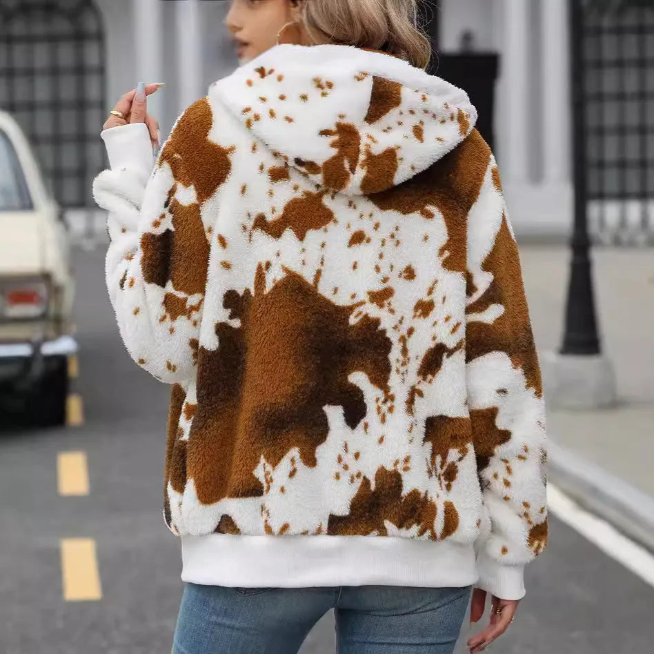Yellow brown cow animal pattern hooded plush cardigan jacket with zip front and regular sleeves