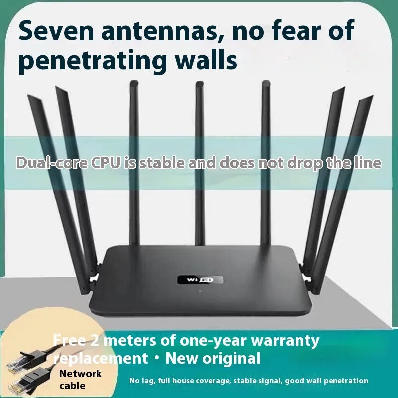Black and white dual-band 5G gigabit router with multiple antennas on a wooden surface.
