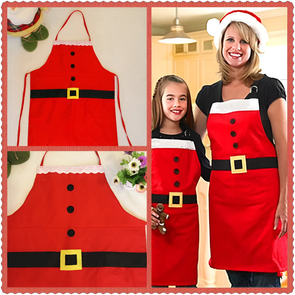 Red polyester Christmas apron with Merry Christmas text, shown in adult and children's sizes.