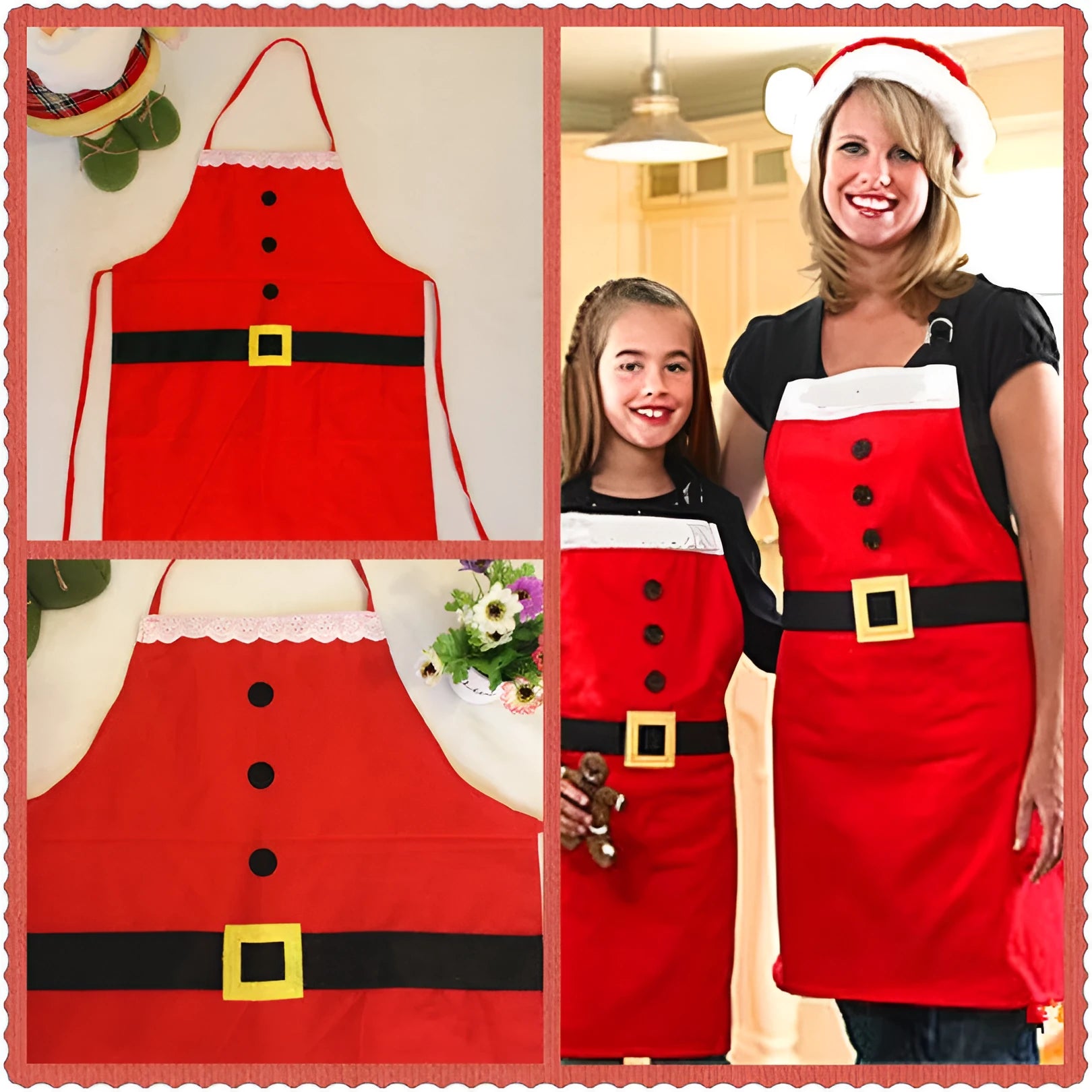 Red polyester Christmas apron with Merry Christmas text, shown in adult and children's sizes.
