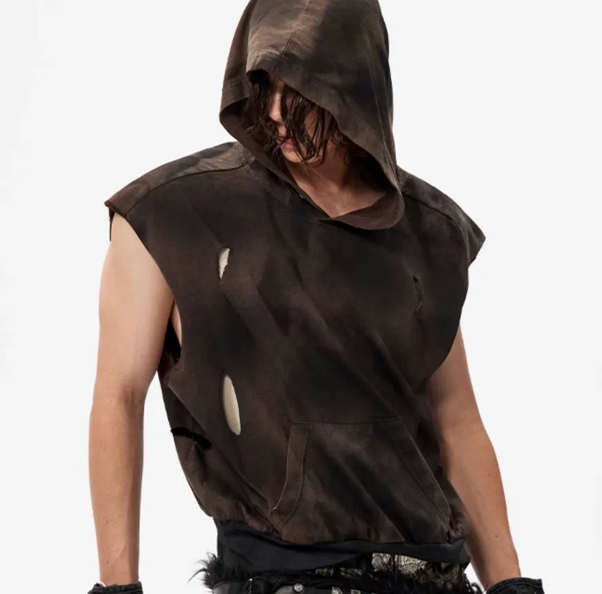 Khaki cotton short-sleeved hood vest for teenagers shown in casual wear