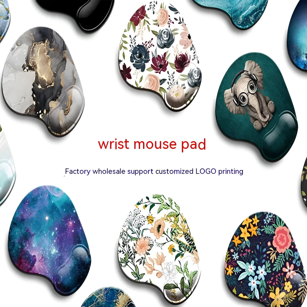 Black silicone keyboard pad with wrist strap showing floral pattern, dimensions 228×192×16mm