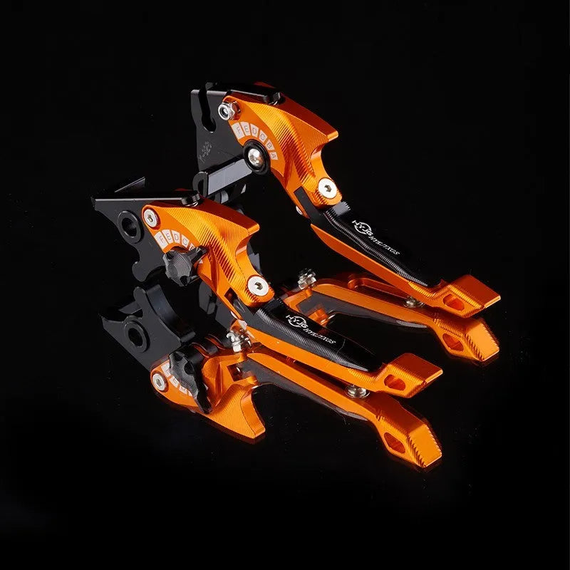 Pair of anodised aluminium motorcycle brake and clutch levers with six-speed adjustable length mechanism