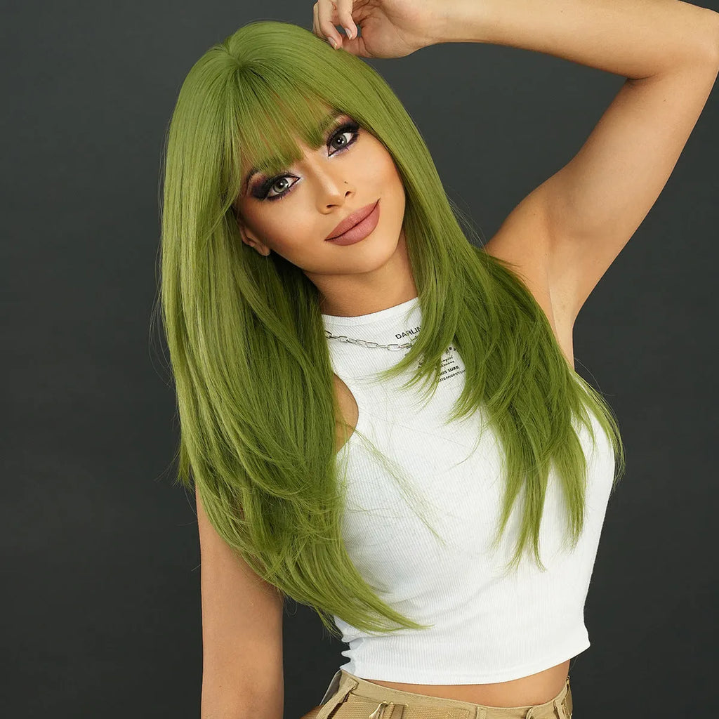 Vanilla green long straight women's wig with bangs measuring 63cm made from domestic silk