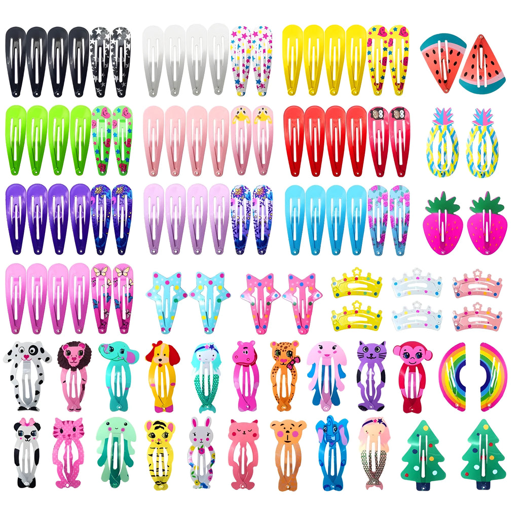 100 piece metal hair clip set with candy colour cartoon designs including animals, fruits, crowns and stars