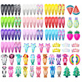 100 piece metal hair clip set with candy colour cartoon designs including animals, fruits, crowns and stars