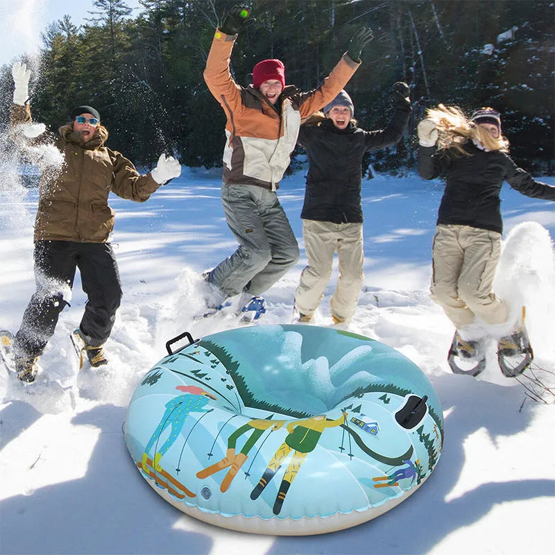 PVC plastic winter ski ring toy for children in printed flame red, blue, or snow mountain designs.