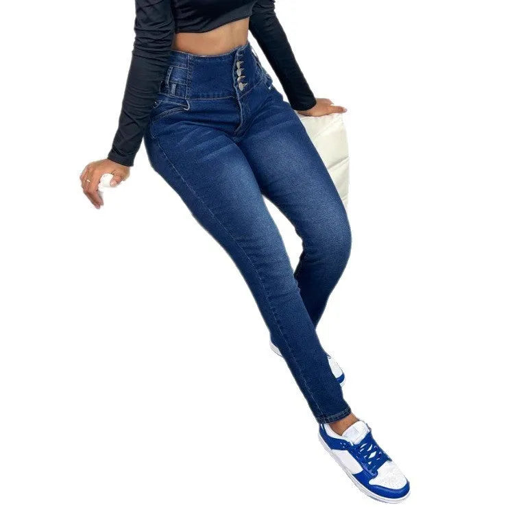 Women's dark blue straight-leg denim trousers with street hipster style and button detail