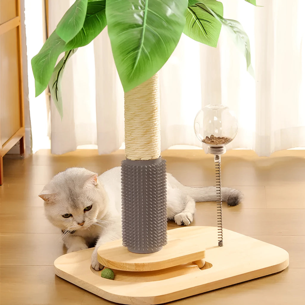 A vertical, canna-coloured wooden cat scratching post with a chamfered column design on a simple base.