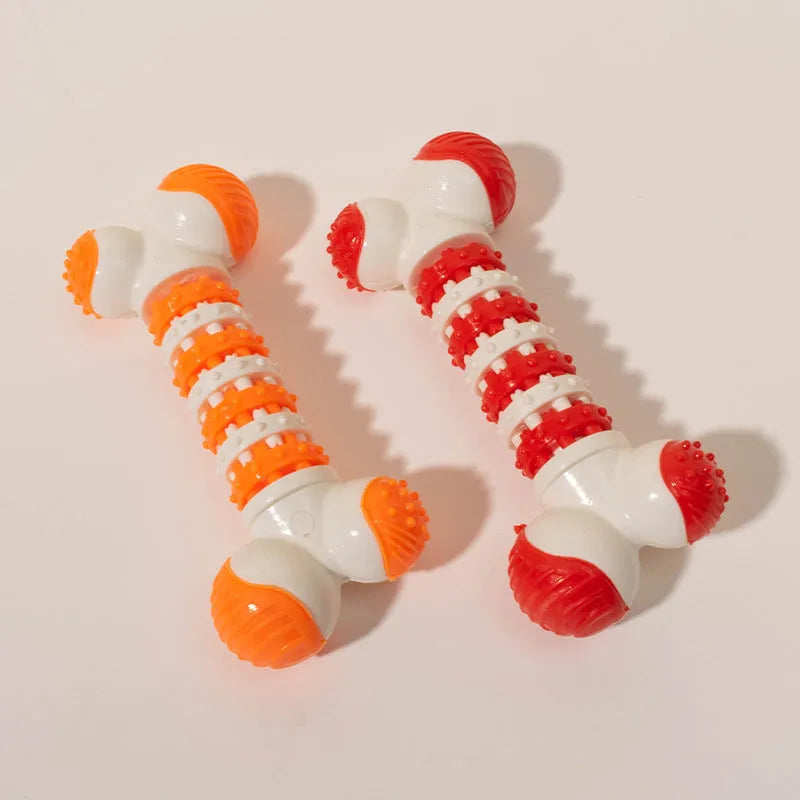 Blue bone-shaped interactive dog toy for small breeds with treat holder and chewable ends