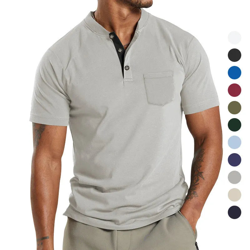 Plus size men's solid colour short sleeve casual shirt with a buttoned chest pocket.