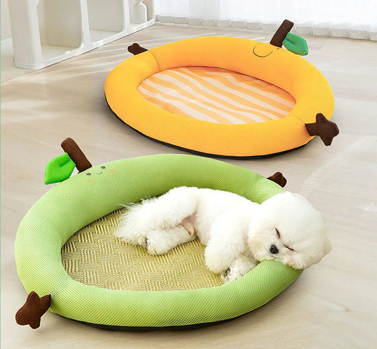 Green fruit-shaped pet nest mat with raised edges and backrest for dogs and cats