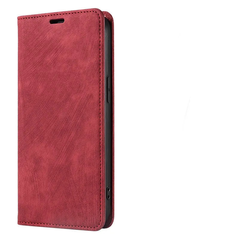 Magnetic flip phone case in genuine leather and TPU for iPhone models with front cover closed