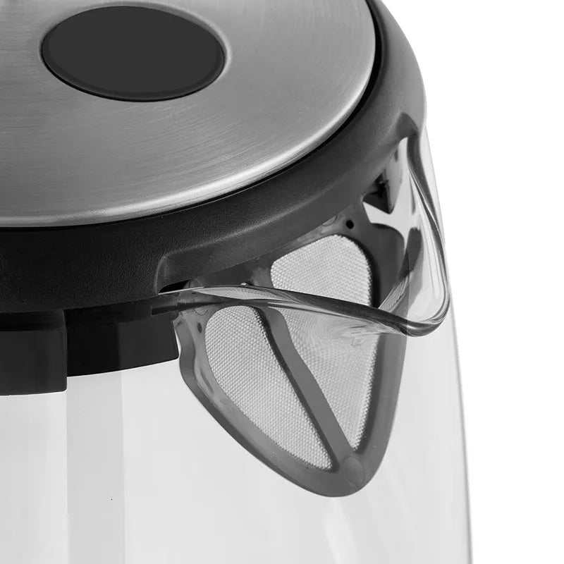 Transparent glass electric kettle with 1.7L capacity, scale window, black base and handle, and power cord on white background
