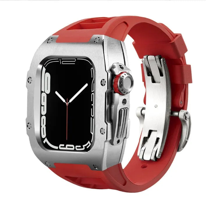 Stainless steel protective case strap with black fluororubber band and rose gold frame for Apple Watch 44mm
