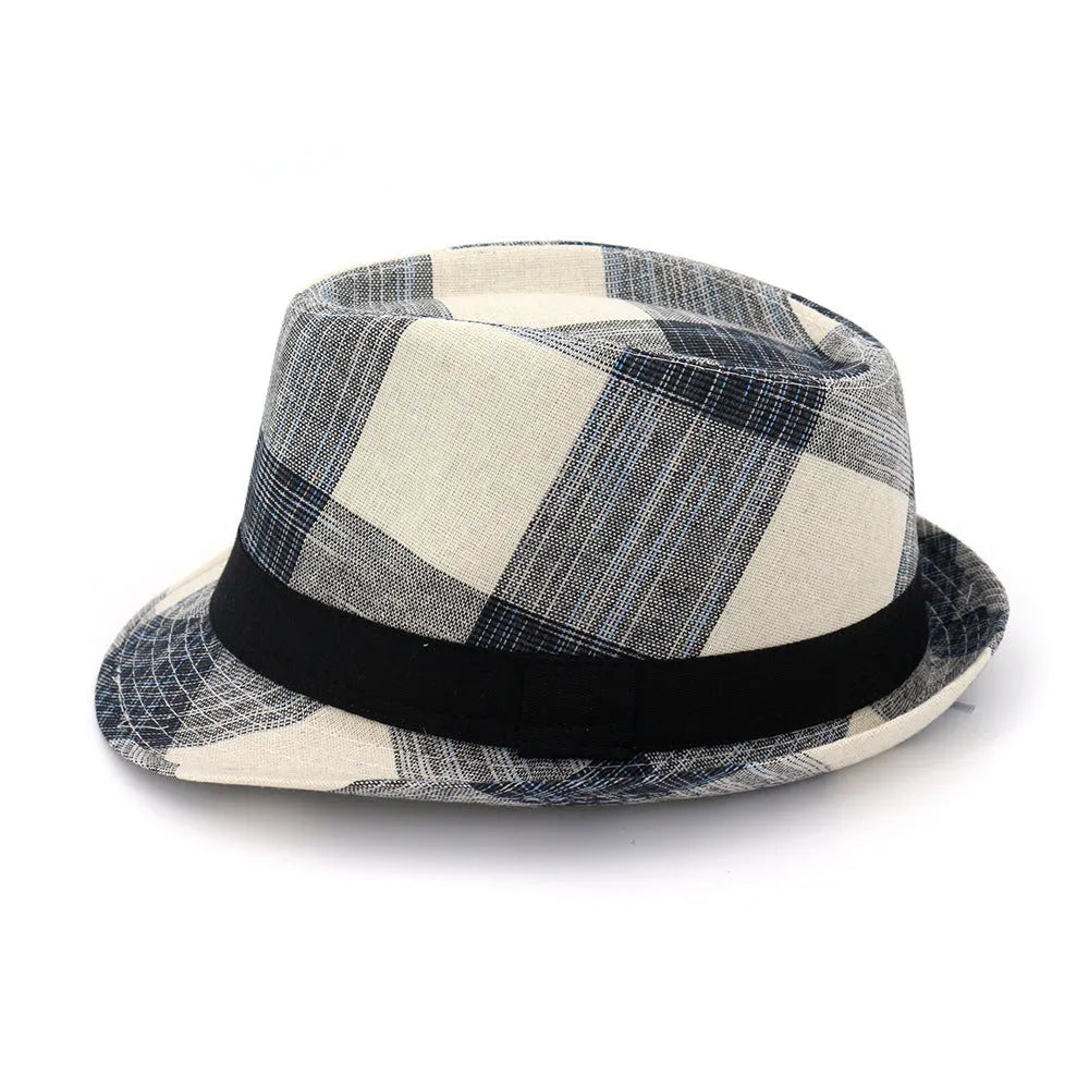 A blue polyester sun hat with a wide brim and bell-shaped crown on a neutral background.