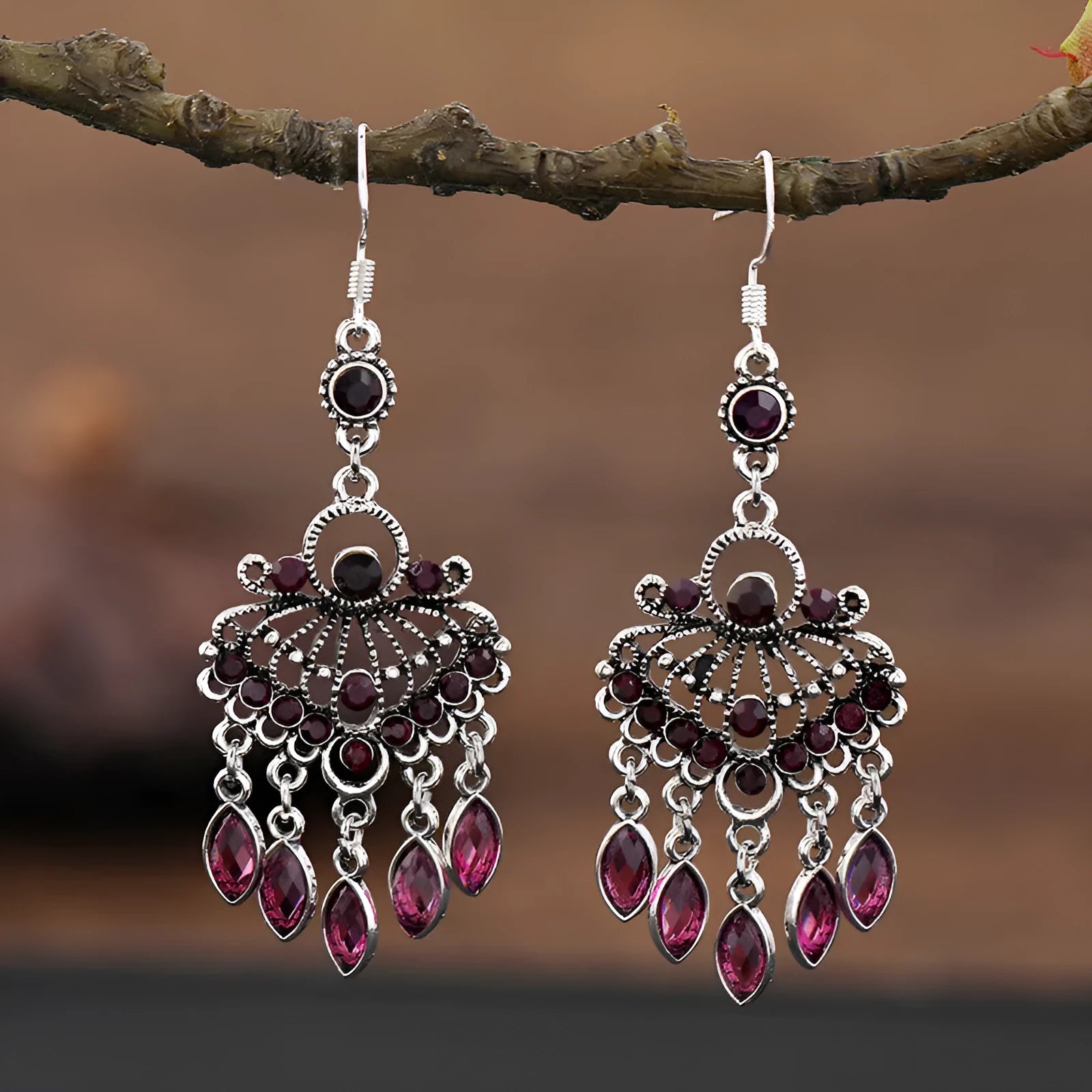 Smart water drop purple retro fringe earrings with crystal detail and ethnic styling