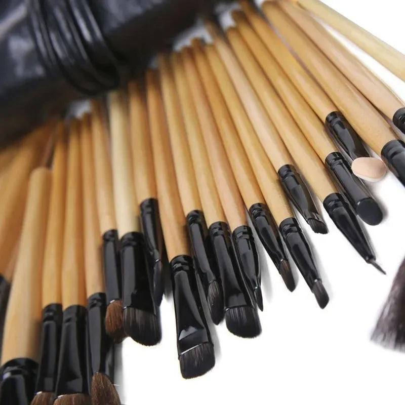 24-piece professional makeup brush set with wooden handles in a PU gift bag