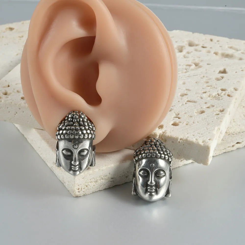 Personalised stainless steel hollow skull Buddha earrings in geometric design