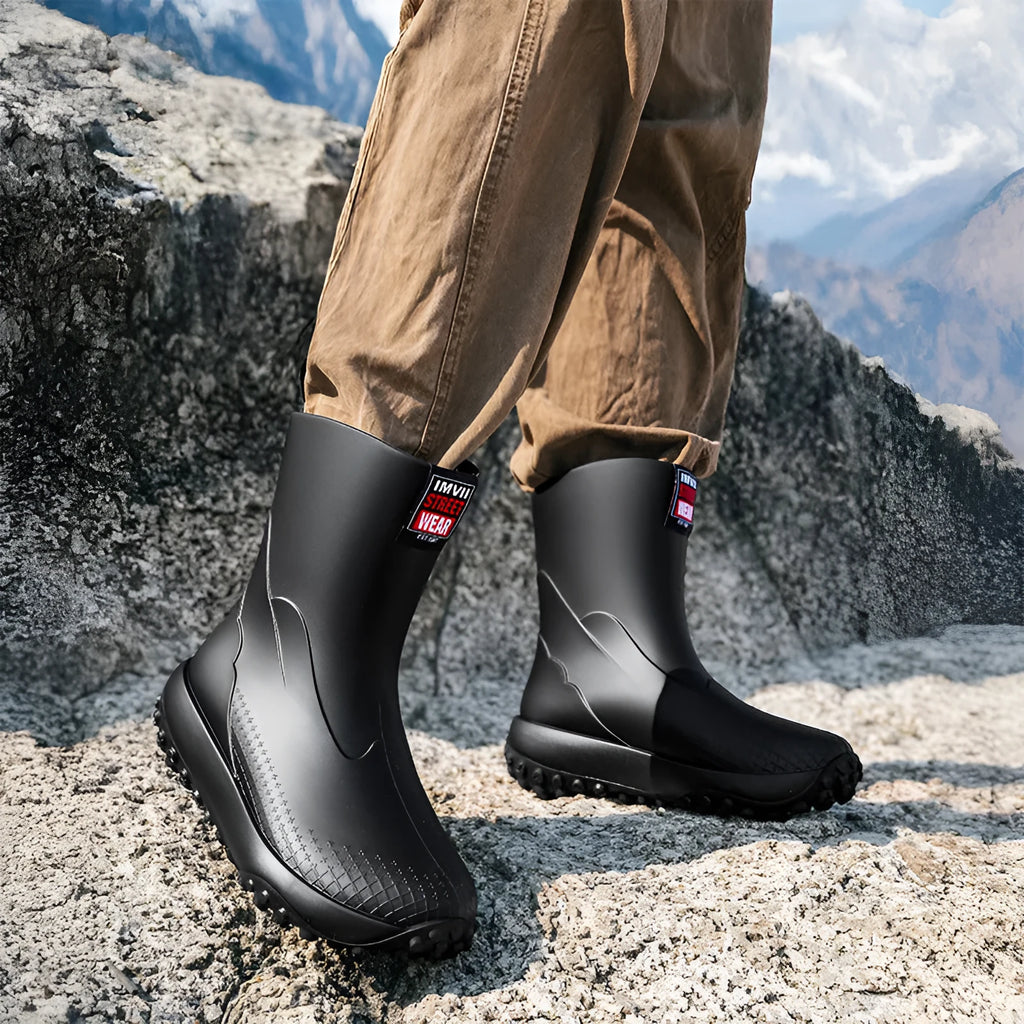 Men's PVC rain boots in black red colour with round toe and non-slip sole