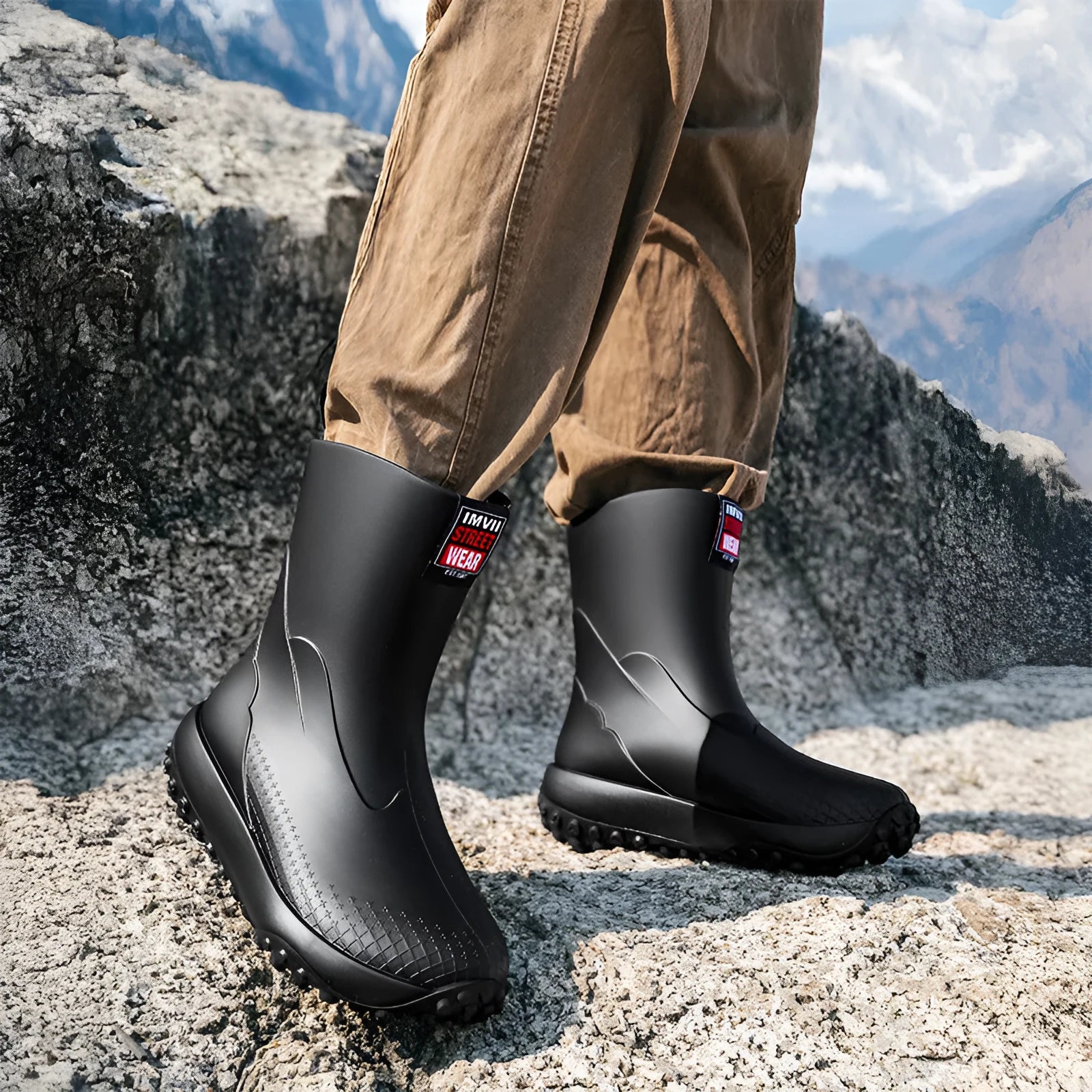 Men's PVC rain boots in black red colour with round toe and non-slip sole