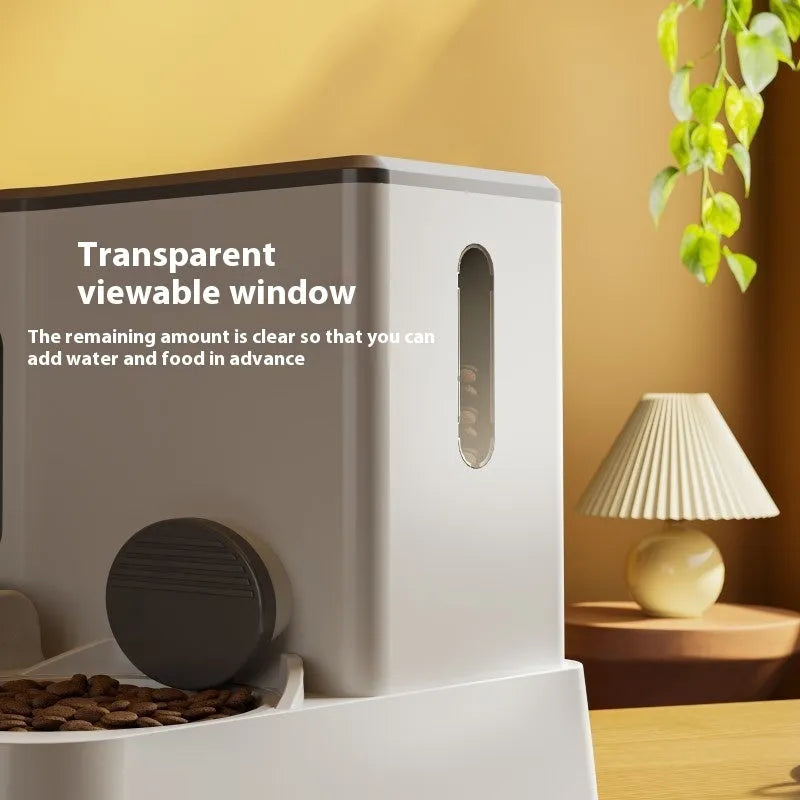Cat automatic pet feeder with integrated double bowl water dispenser system
