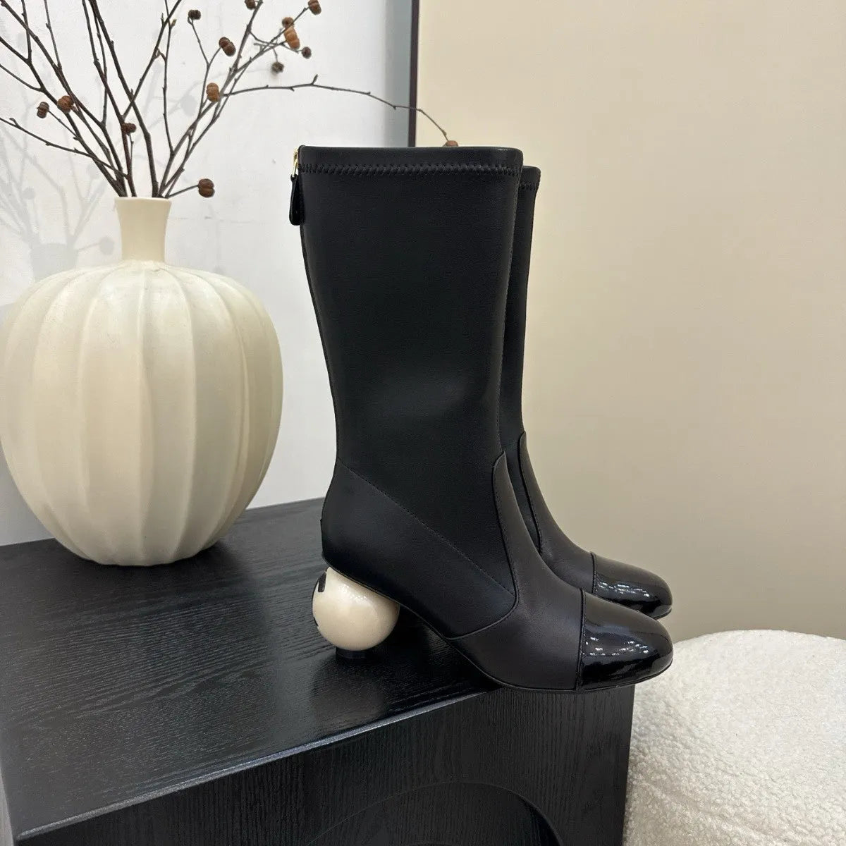 Women's chunky heel ankle boots in apricot with round toe, back zipper, and sheepskin lining