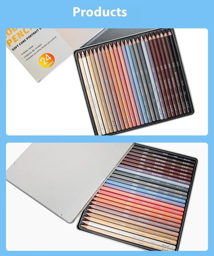 Round metal tin case open to show 24 skin tone colour pencils for portrait art