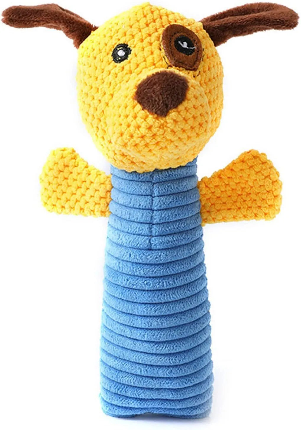 Soft cloth and polyester fibre squeaky stuffed dog chew toy, shown in calf, frog, or puppy shape, measuring 19cm long.