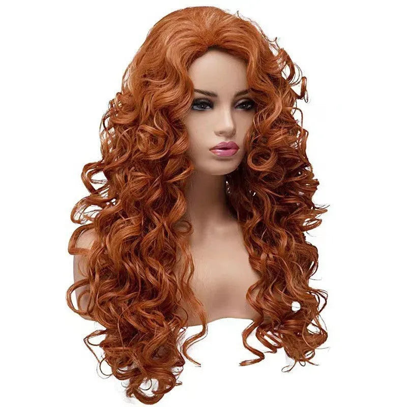 Long brown curly wig with instant noodles style texture for cosplay and Halloween.