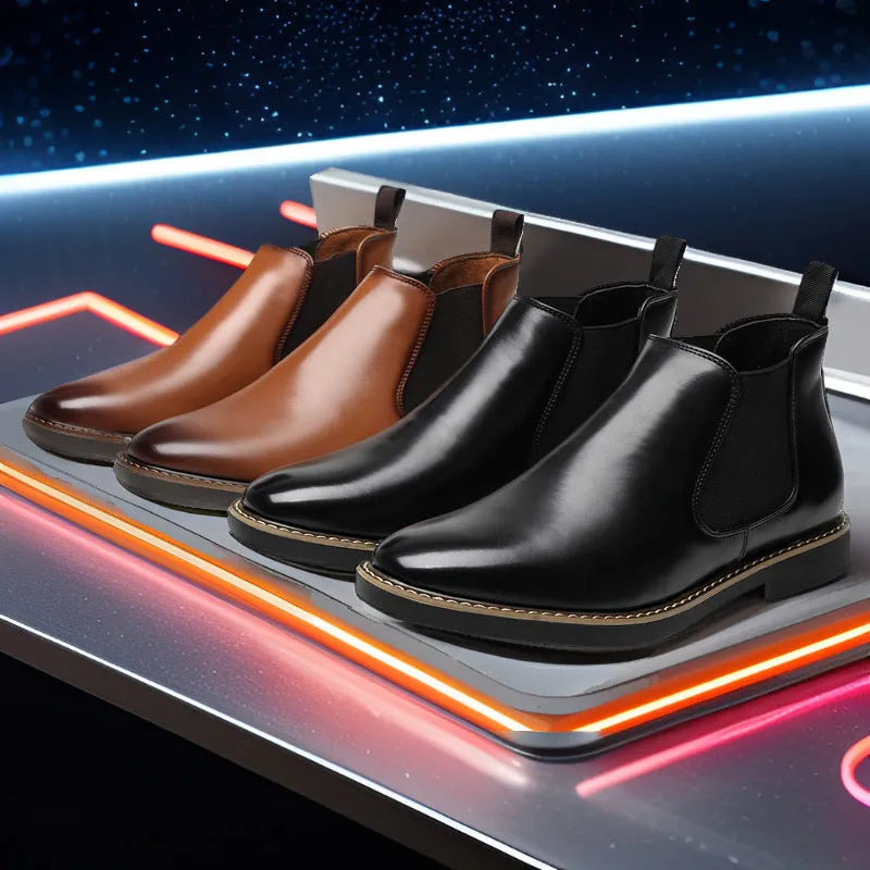 Men's British style leather boots with artificial PU upper and flat square heel in black and yellow colour options