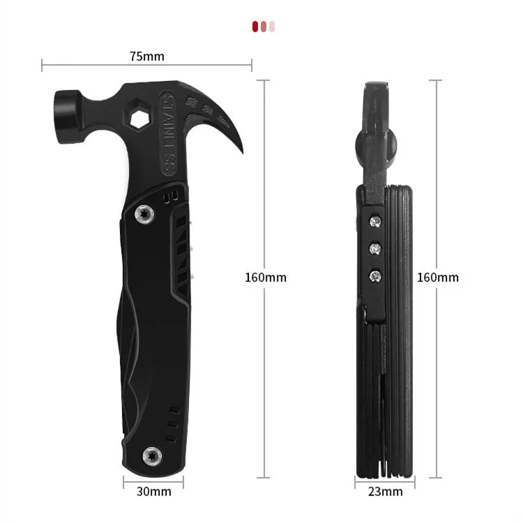 Multifunctional nail hammer with metal head, 160x75x23mm size, and claw on a storage bag