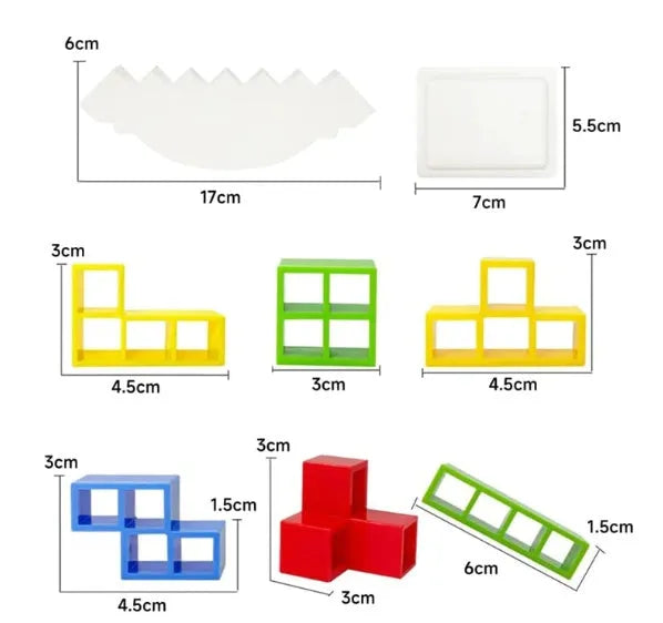 Plastic balance stacking board game with coloured blocks, chassis, and base for kids and adults.