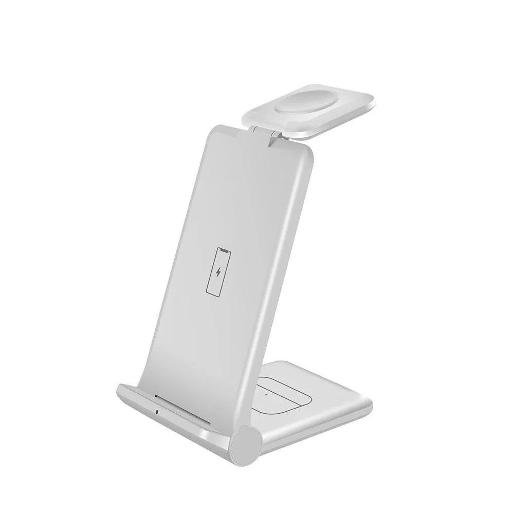 Black foldable 3-in-1 wireless charging station charging iPhone, Samsung phone and Apple Watch simultaneously