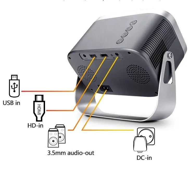 Android 4K smart projector displaying 1080p content with mobile screen mirroring capability