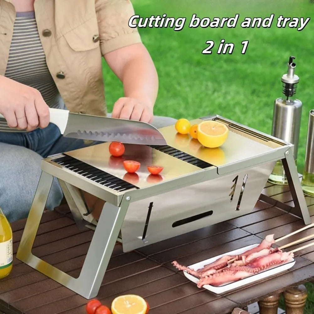 Small portable charcoal grill with foldable legs, shown collapsed for storage.