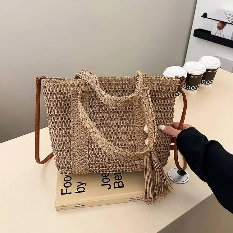 Women's woven straw crossbody bag in milky white with polyester lining and shoulder strap