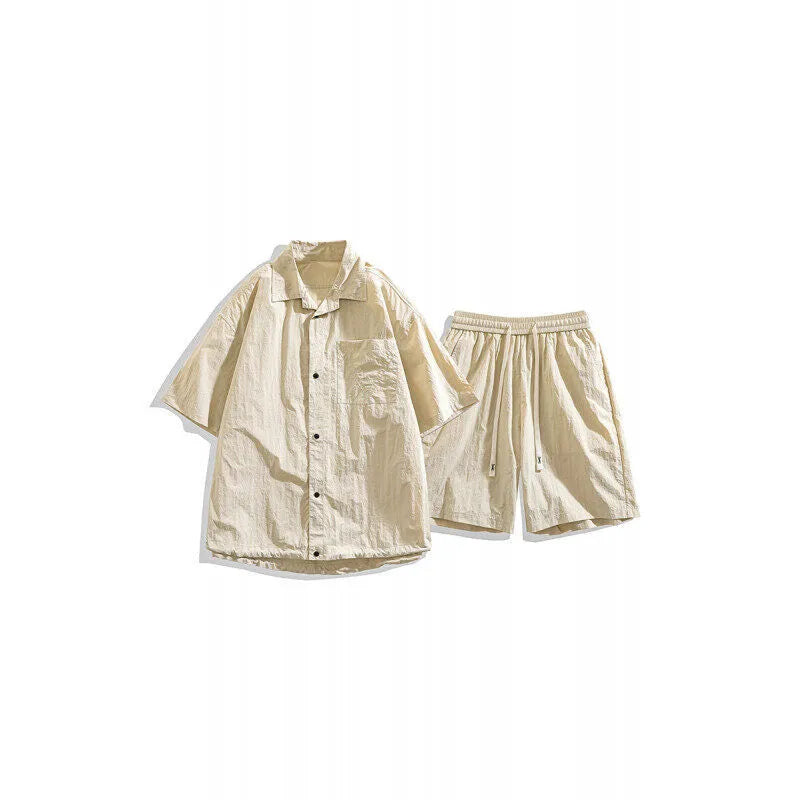 Men's loose-fitting casual shirt and shorts two-piece set in a hemp blend fabric