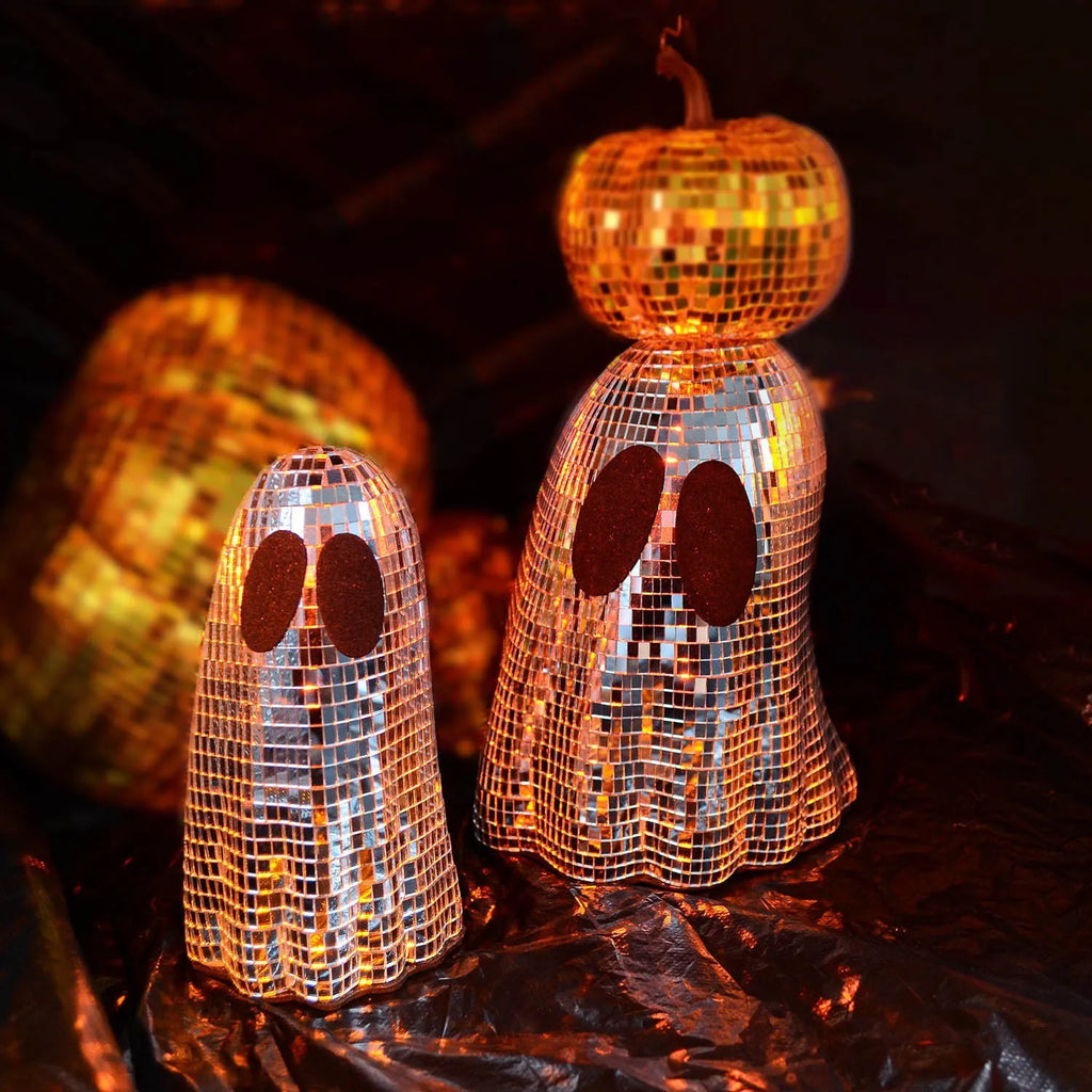 Silver Halloween ghost desktop decoration made from reflective embroidered glass in large and small sizes