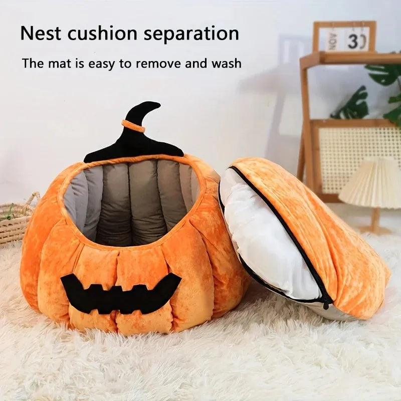 Halloween pumpkin-shaped cat bed with cartoon devil design in soft plush material