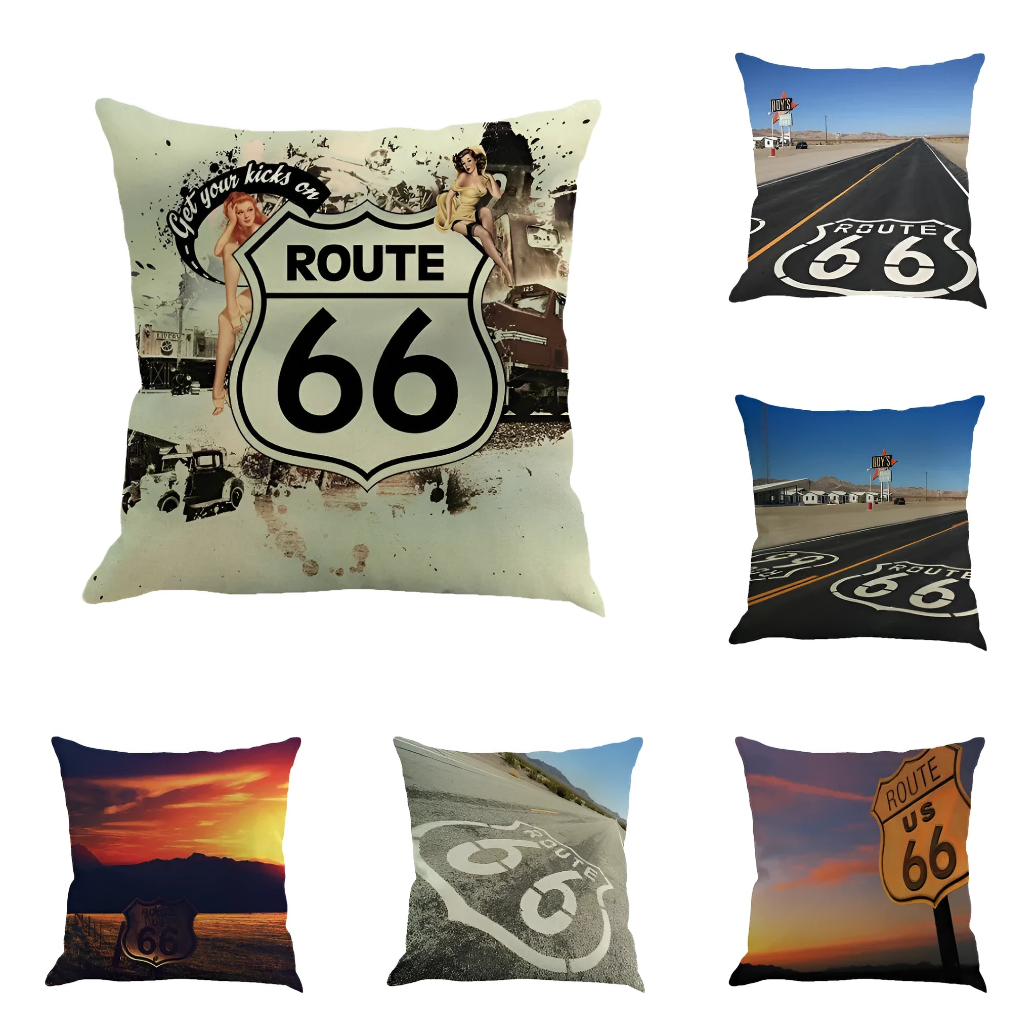 Route 66 landscape patterned linen cushion cover with zip closure measuring 45x45 cm