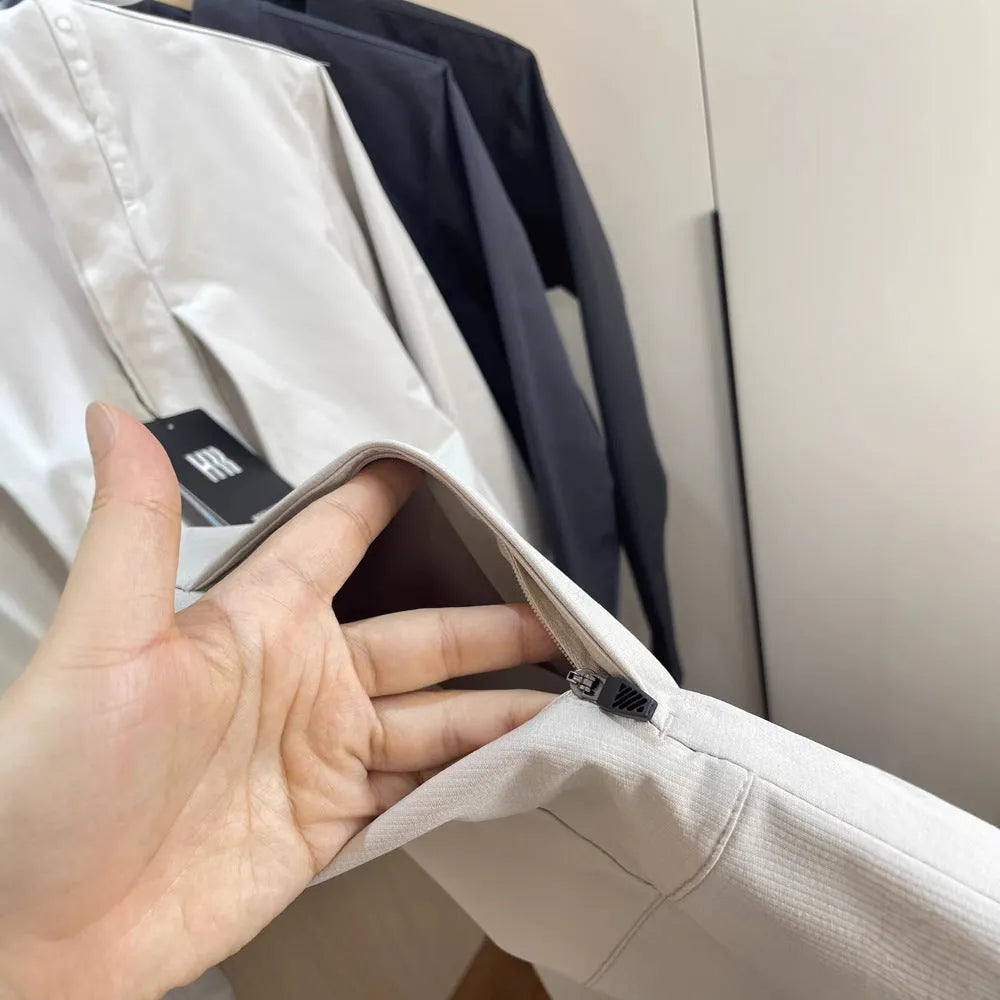 Men's stand collar casual jacket in polyester available in black, dark blue, and milky white