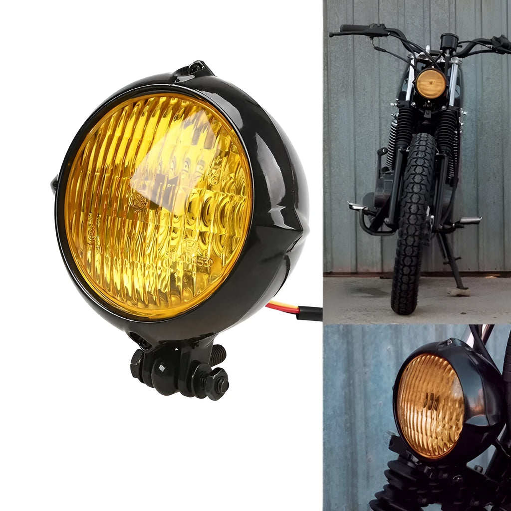 Black cast aluminium 8cm halogen motorcycle headlight for Harley-style custom builds.