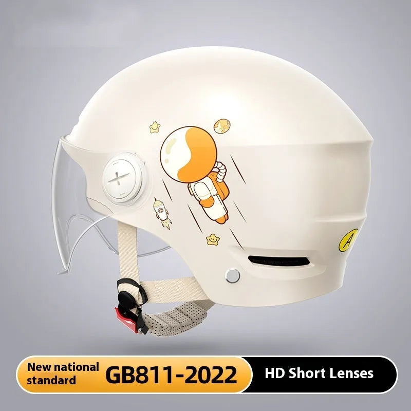 Khaki coloured motorcycle half helmet with a mirrored long visor attached on a table.